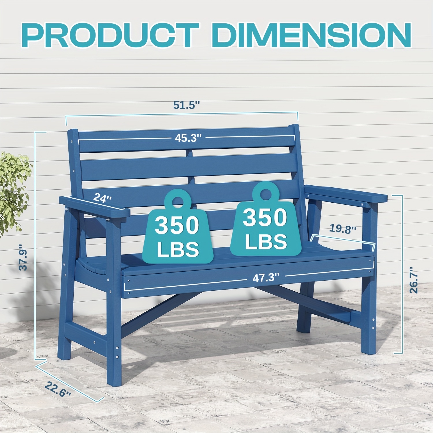 51.5' Outdoor Bench Heavy Duty HDPE Garden Bench for Patio, Park, Porch & Backyard Comfortable 2-Person Seating Rust-Free & All Weather Resistant