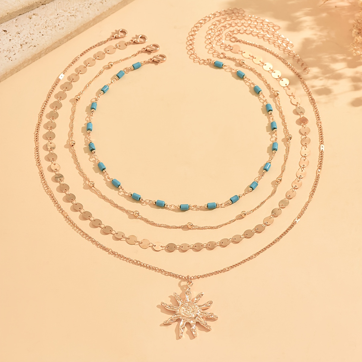 Classic Basic Layered Necklace Set with Geometric Sun Decorations