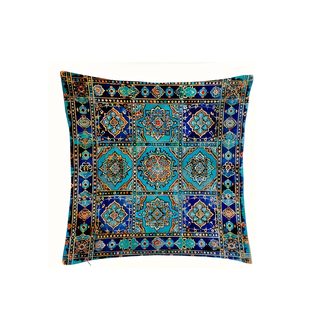 TEMU 2D Plat - Vintage Oezbeekse Decoratieve Kussenhoezen in Blauw en Turquoise, met Ultra-Zachte Korte Pluche Stof met Dubbelzijdige Prints van