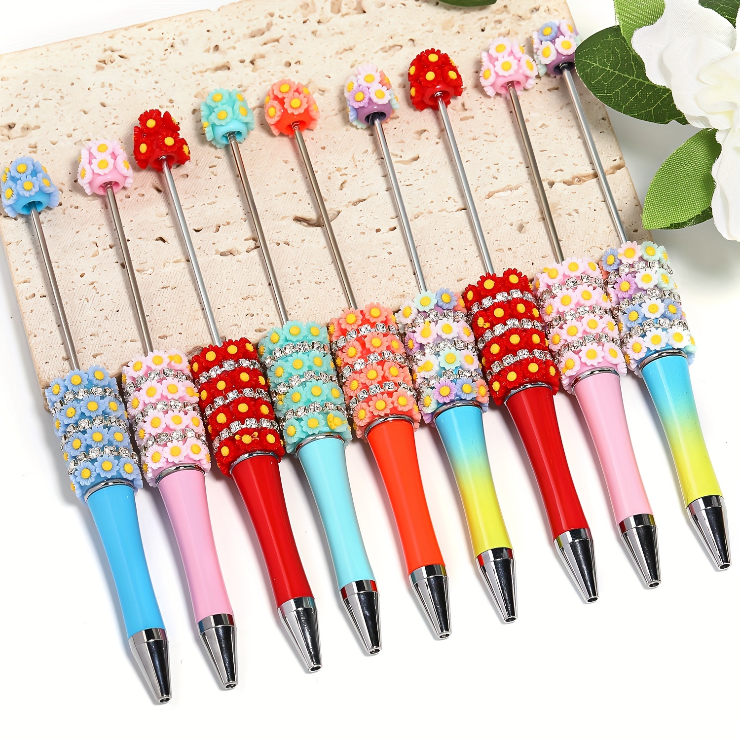 

8pcs Polyresin Beaded Flower Pens Diy Kit, Fashion Style Fantasy Floral Theme, Handcrafted Sunflower Bead Pen With Decorative Elements, No Power Required Crafting Set