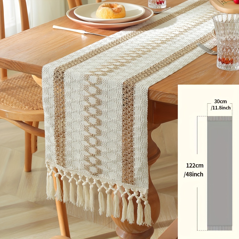 1pc Coarse Runner With Tassels, Chic Farmhouse Rustic Table Runner, Suitable For Home Decoration In Dining Room And Bedroom Of Bohemian Style Restaurants