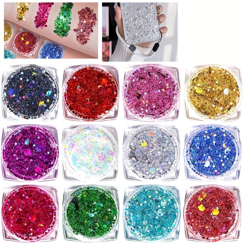 

12-piece Holographic Chunky Glitter Mix Set For Crafts, Glass Tumblers, Nail Art, Christmas Decorations, Thick Multi-color Flakes, No Power Supply Needed, Plastic Material, Easy To Use.
