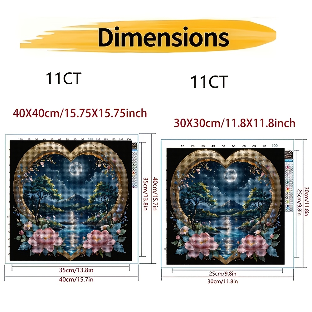 DIY Cross-Stitch Printed Kit, Frameless, Heart-Shaped Frame Moonlit Night