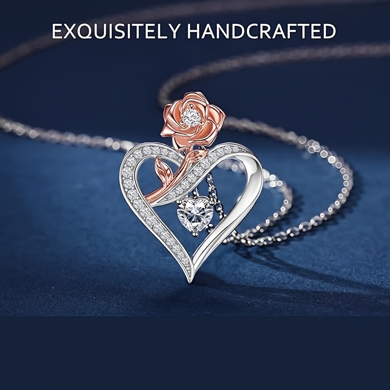 Women's S925 Silver Bicolor Heart Pendant Necklace, Elegant