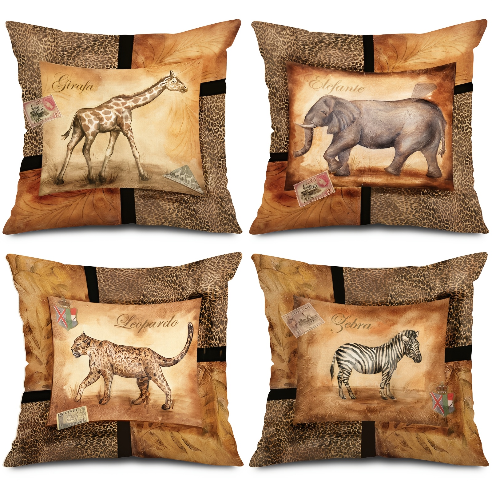 

4-pack Animals Pillow Covers, Country- Cushion Cases With Zipper, Machine Washable, Woven Decorative Throw Pillowcases For Couch, Sofa, Bed - Giraffe, Elephant, Horse,