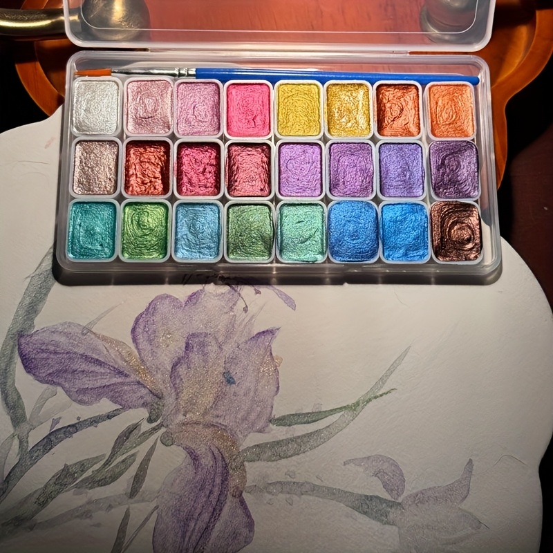 24-Color Mini Pearlescent Watercolor Pigment Set with Brush in Transparent Box for Painting, Nail Art, and Clay Coloring