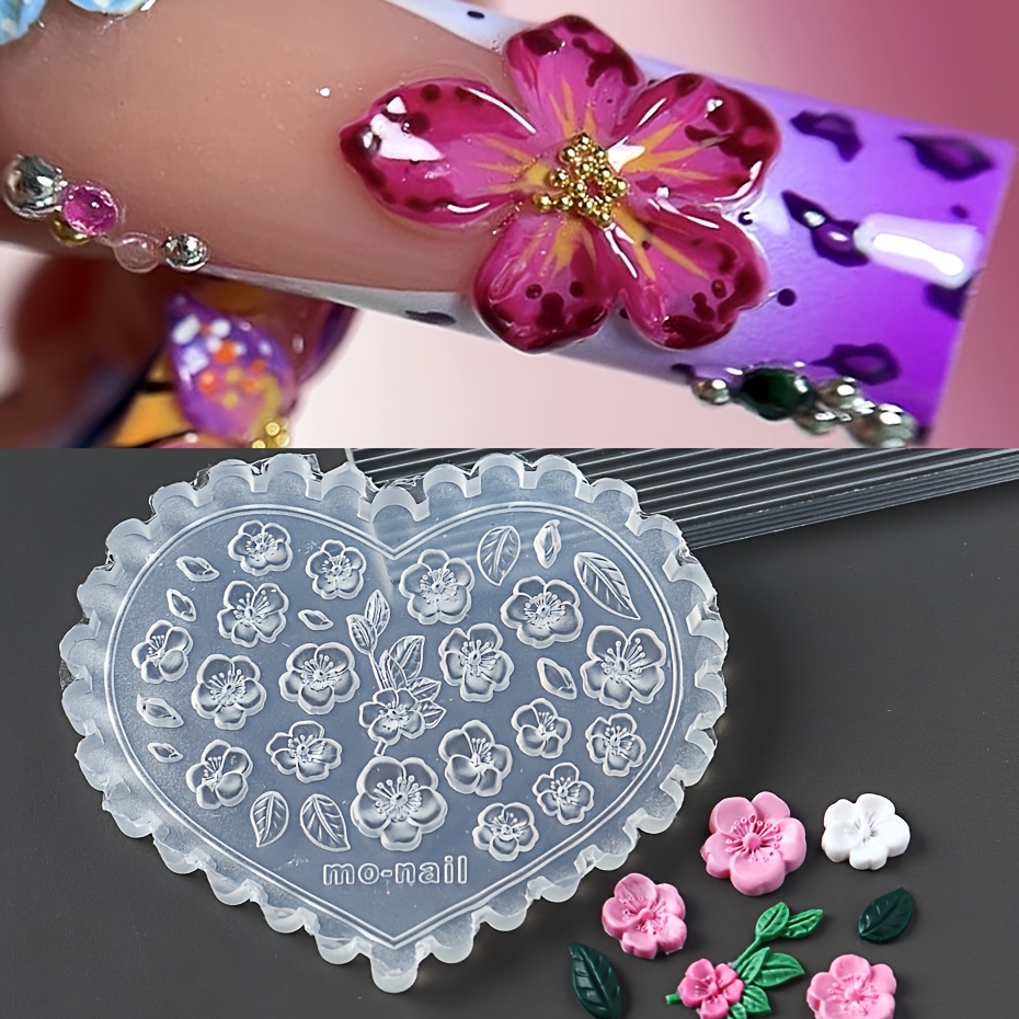 

3d Heart-shaped Silicone Nail Art Mold - , Stars, Mushrooms & Leaves Designs - Uv Gel Polish Stamping Plate With Stencils For Manicure Templates