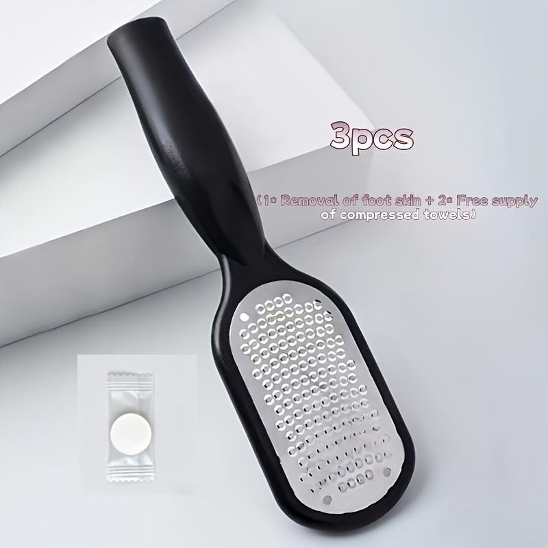 TEMU 3pcs Set: 1 Professional Foot Remover + 2 Free Compressed Towels. Professional Stainless Steel Foot File, Pedicure Tool With A Safety Splash