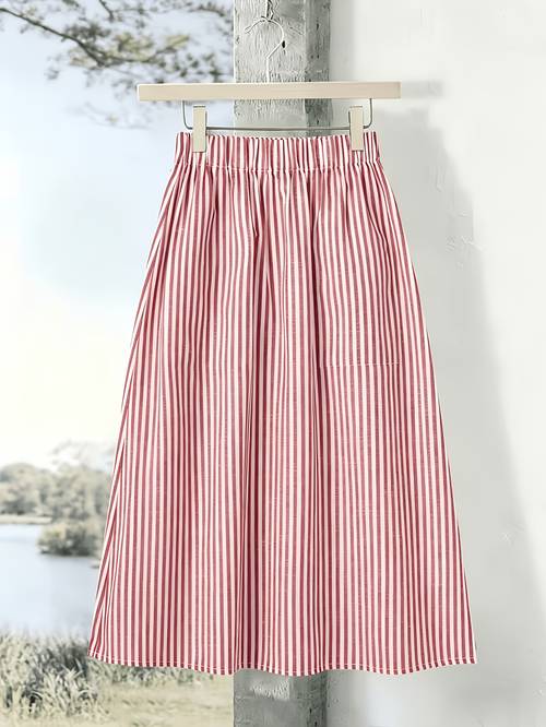 womens red and white striped a line casual skirt