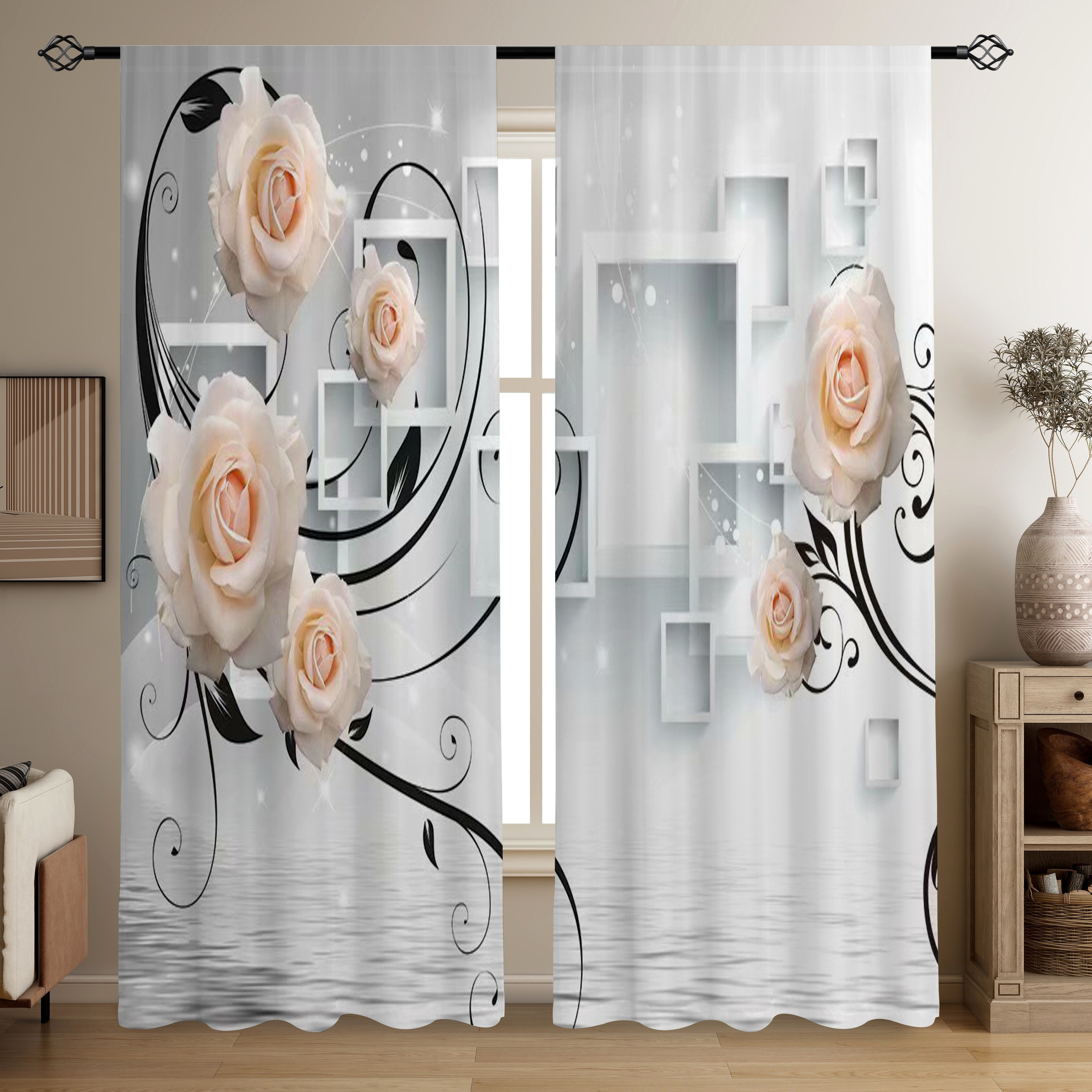 TEMU [] 2 pezzi, Tende semi-trasparenti con stampa di rose arancioni-gialle, Tende decorative multi- in poliestere con bastone per tende per