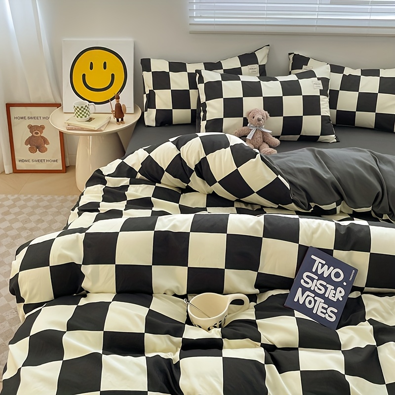 TEMU 4 pezzi set copripiumino (1*copertura per + 1*lenzuolo + 2*federe, escluso il nucleo del ), set biancheria da letto a quadri e , e confortevole