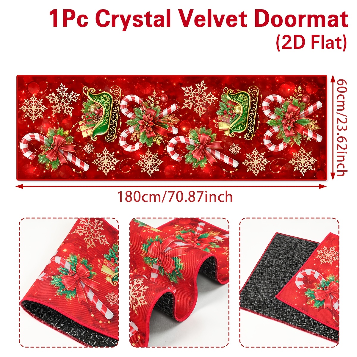 TEMU 2d Flat, 1pc, Christmas Kitchen Rug, Candy Cane Poinsettia And Red Bow Patterns Doormat, Entrance Mat, Welcome Mat For Indoor Outdoor Entryway,