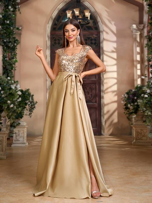 womens elegant v neck sequin bow belt short sleeve long dress wedding prom evening gown fitted formal dress for performances special occasions hand washable solid color dress year round