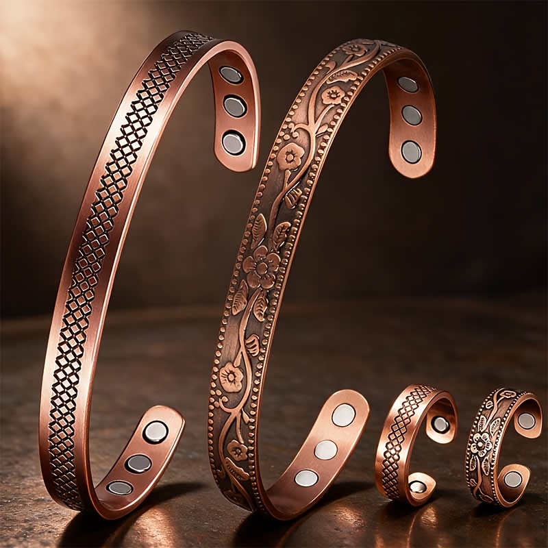 TEMU A 4pcs Copper Magnetic Bracelet And Ring Set, Including 2 Rings And 2 Bracelets, Features A Vintage Carved Floral Grid With An Adjustable