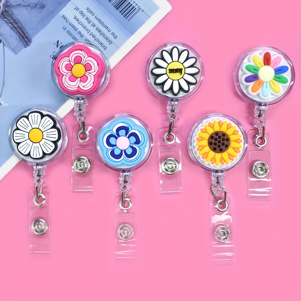 Image of 2d Set Of 6, Made Of Pvc/plastic, Badge Reels, Featuring Sunflower And Daisy Designs, Ideal For Nurses, Doctors, And Students, With Retractable Id Card Holders