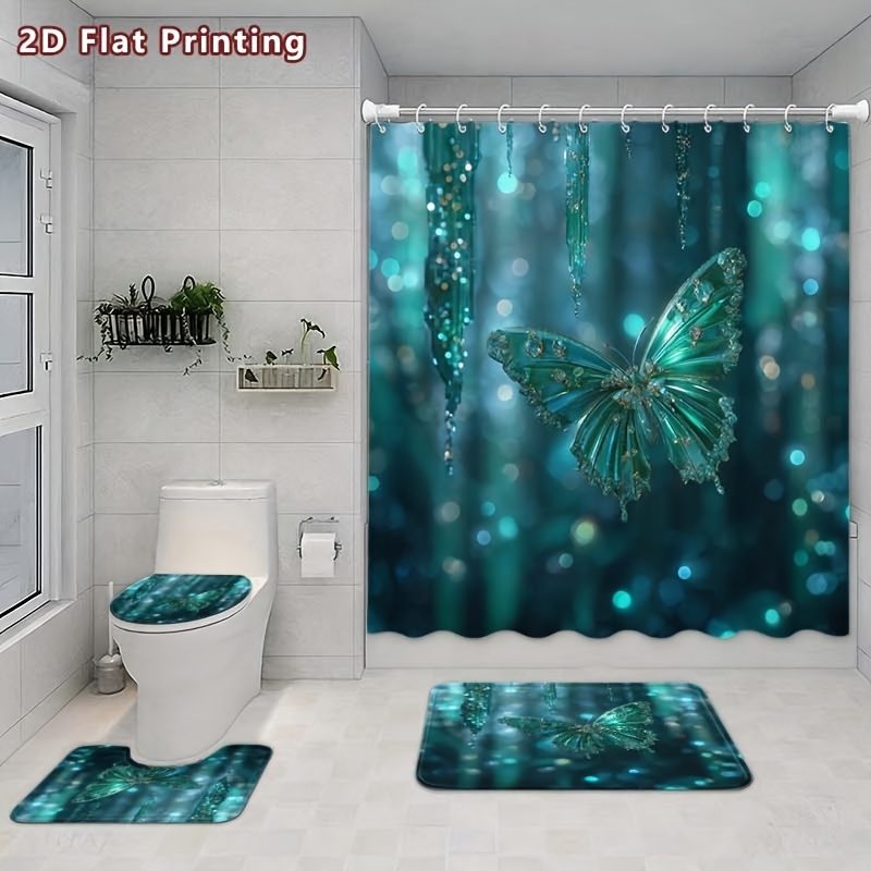 4pcs Dreamy Butterfly Shower Curtain Set with Bathroom Accessories