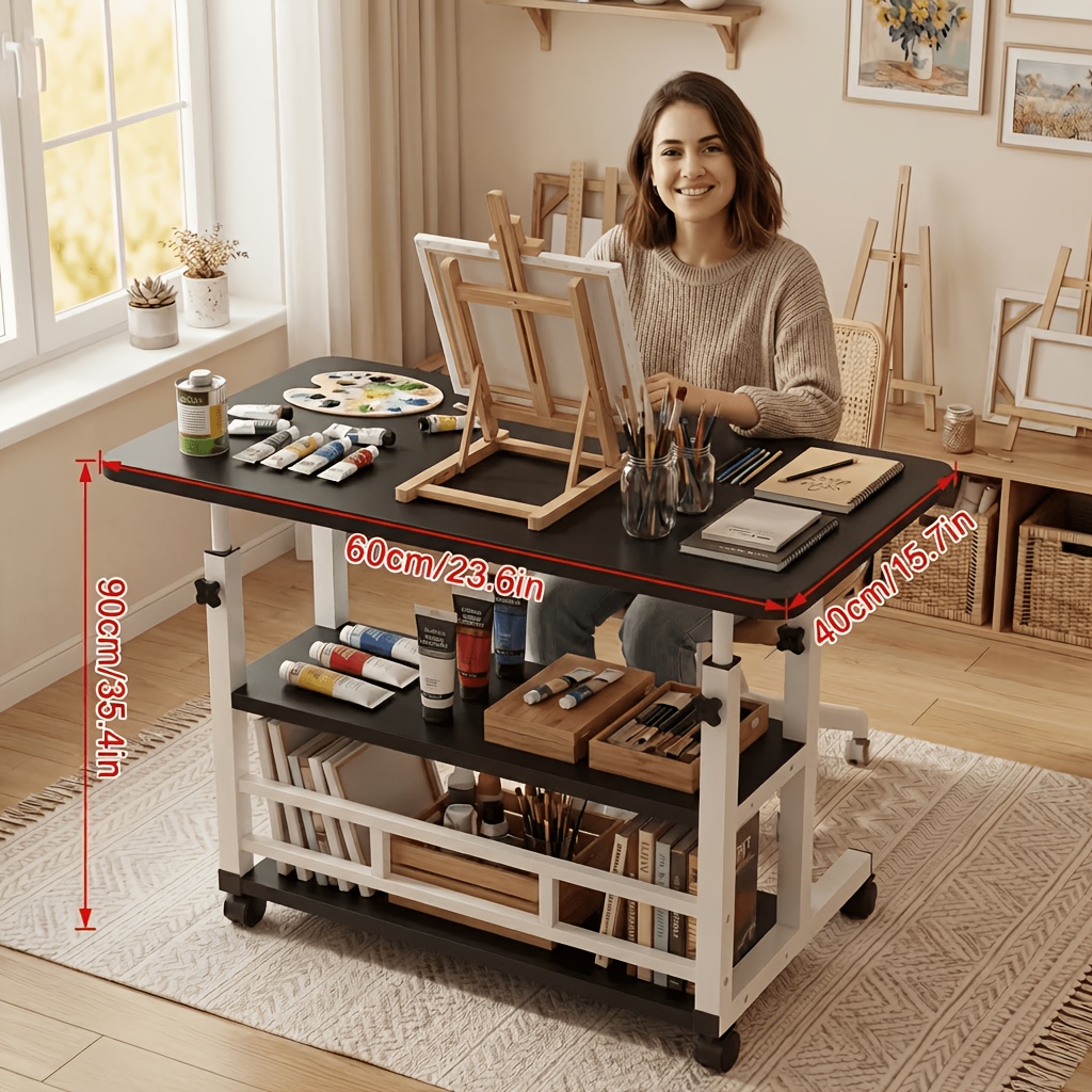 TEMU Multifunctional Height-adjustable Craft Table On Wheels, Drafting Table With 4 360° Silent Casters, Dual-tier Storage Shelves, Lift Table Ideal