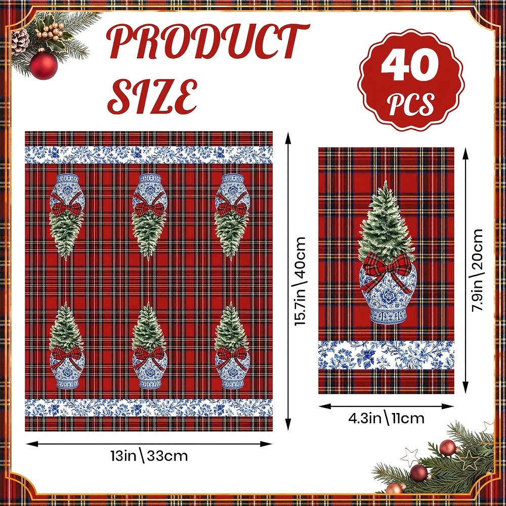 TEMU 20/40/60pcs Tartan Christmas Napkins Chinoiserie Blue White Porcelain Christmas Paper Napkins - Red Black Holiday Napkins With Christmas Tree