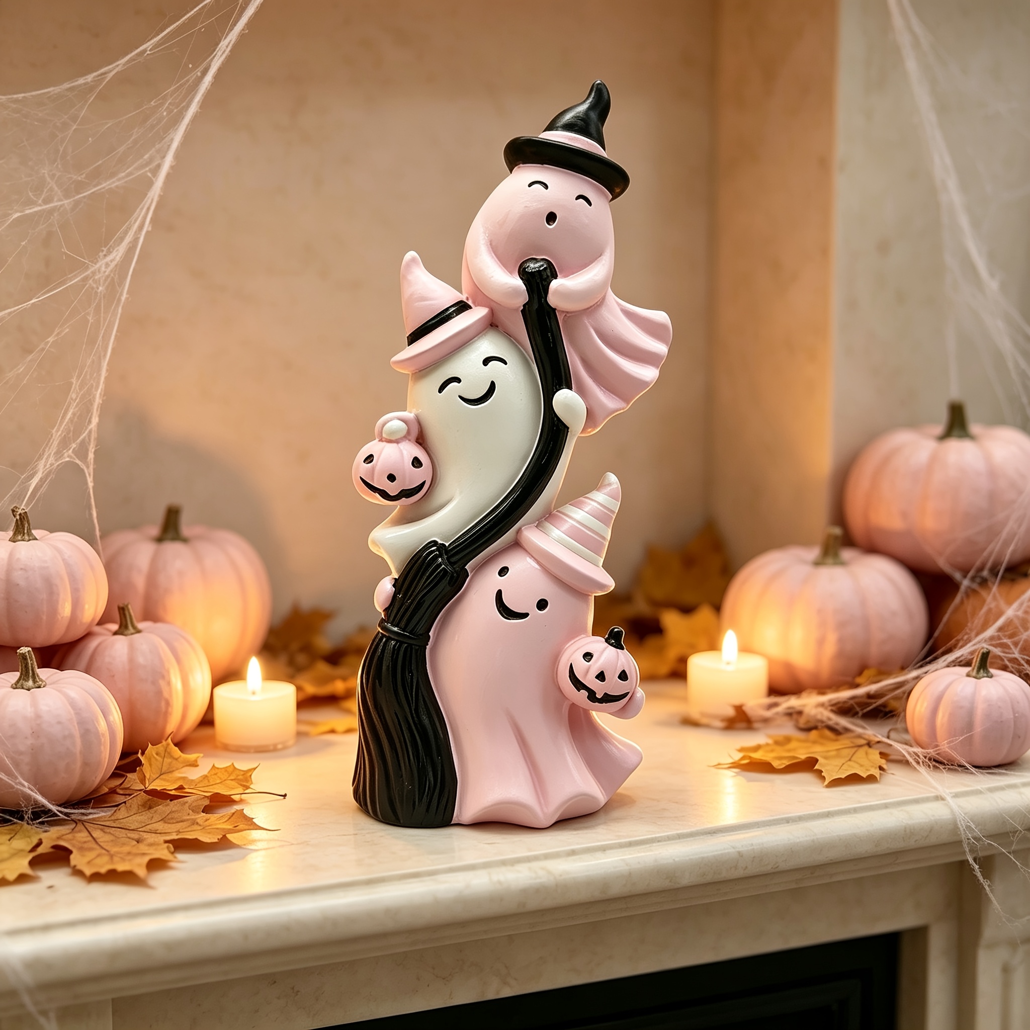 TEMU 1pc Stackable Pink Broom Resin Sculpture, Cute And Soft Halloween Yard Ornament With Jack-o'-lantern And Witch Hat, Smiling Figurine, Outdoor