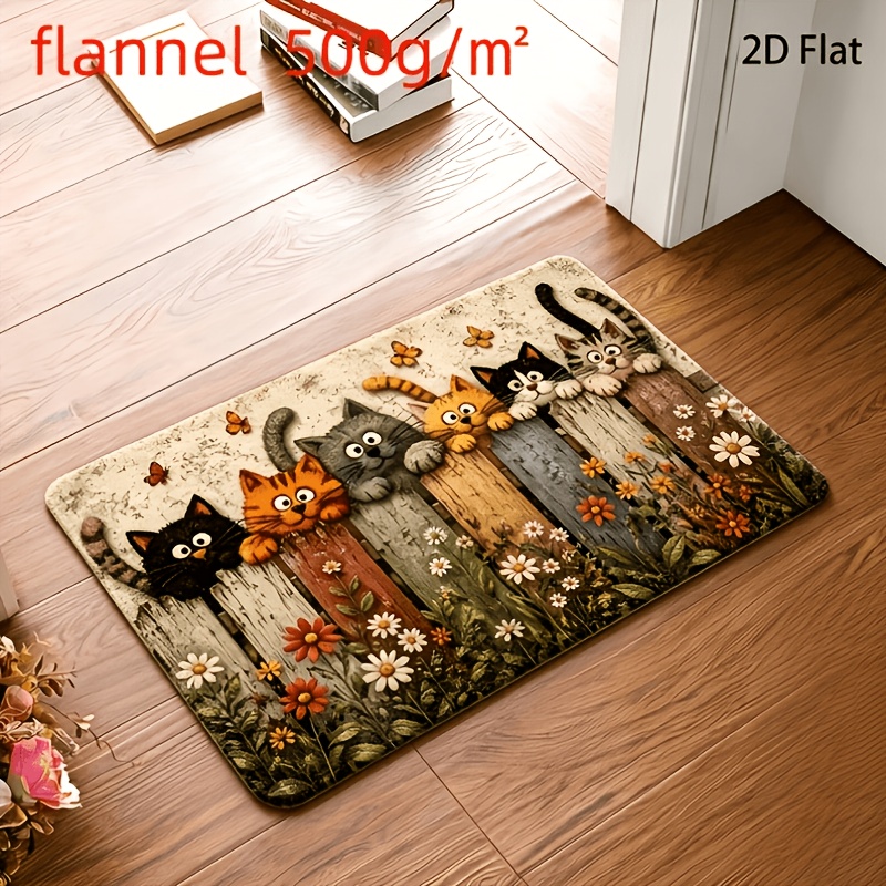 TEMU 2d Flat Cute Kitten And Floral Pattern Floor Mat, Rug, Doormat, Carpet For Living Room, Bedroom, Kitchen, Bathroom, Balcony, , Porch, Office,