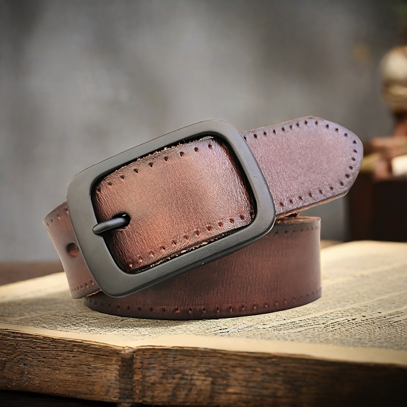 Washed Vintage Distressed Pleated Belt For Men, Top-grain Cowhide Casual Jeans Belt, Unisex