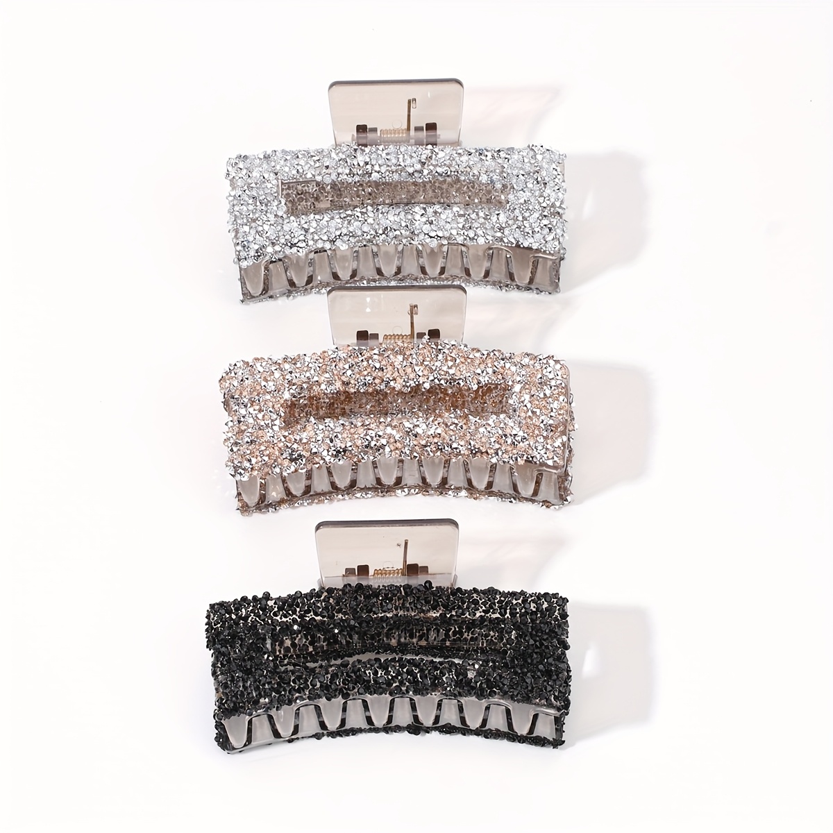 E-shop 8,5 cm Quadratische Klassische Haarklammern in Schwarz-Silber-Weiß-Champagner-Gold mit Strasssteinen – Dreifarben-Set