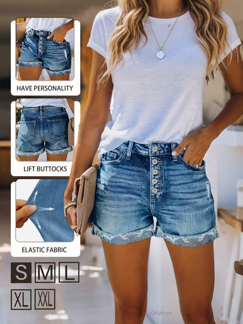 womens stretch fashion high waisted blue denim shorts 2026 summer new style thin casual button quarter length pants fashionable and versatile womens clothing suitable for teenage to wear washed denim stretch fabric