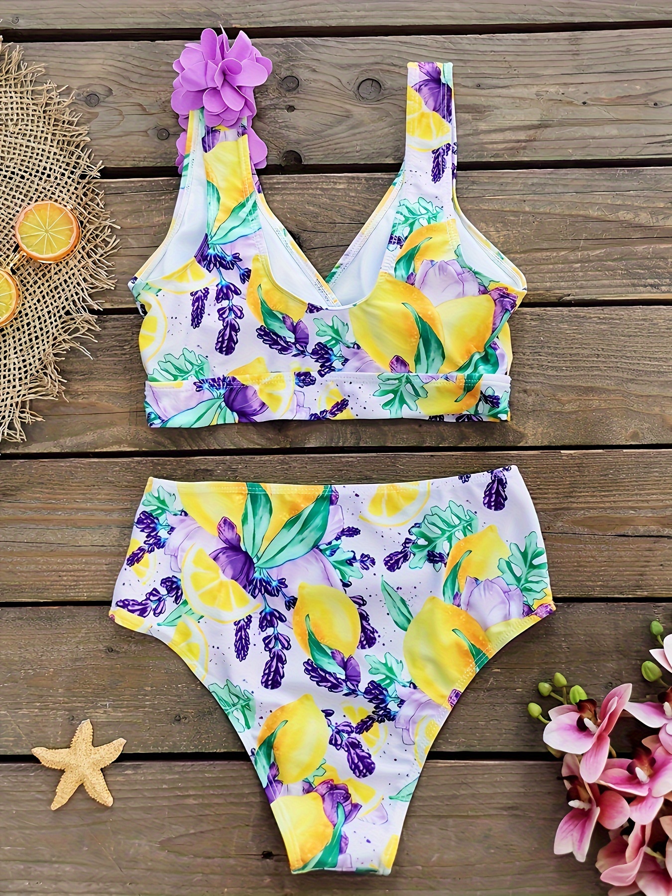 Lemon Print Bikini Asymmetrical V Neck High Waist Swimsuits - Temu ...