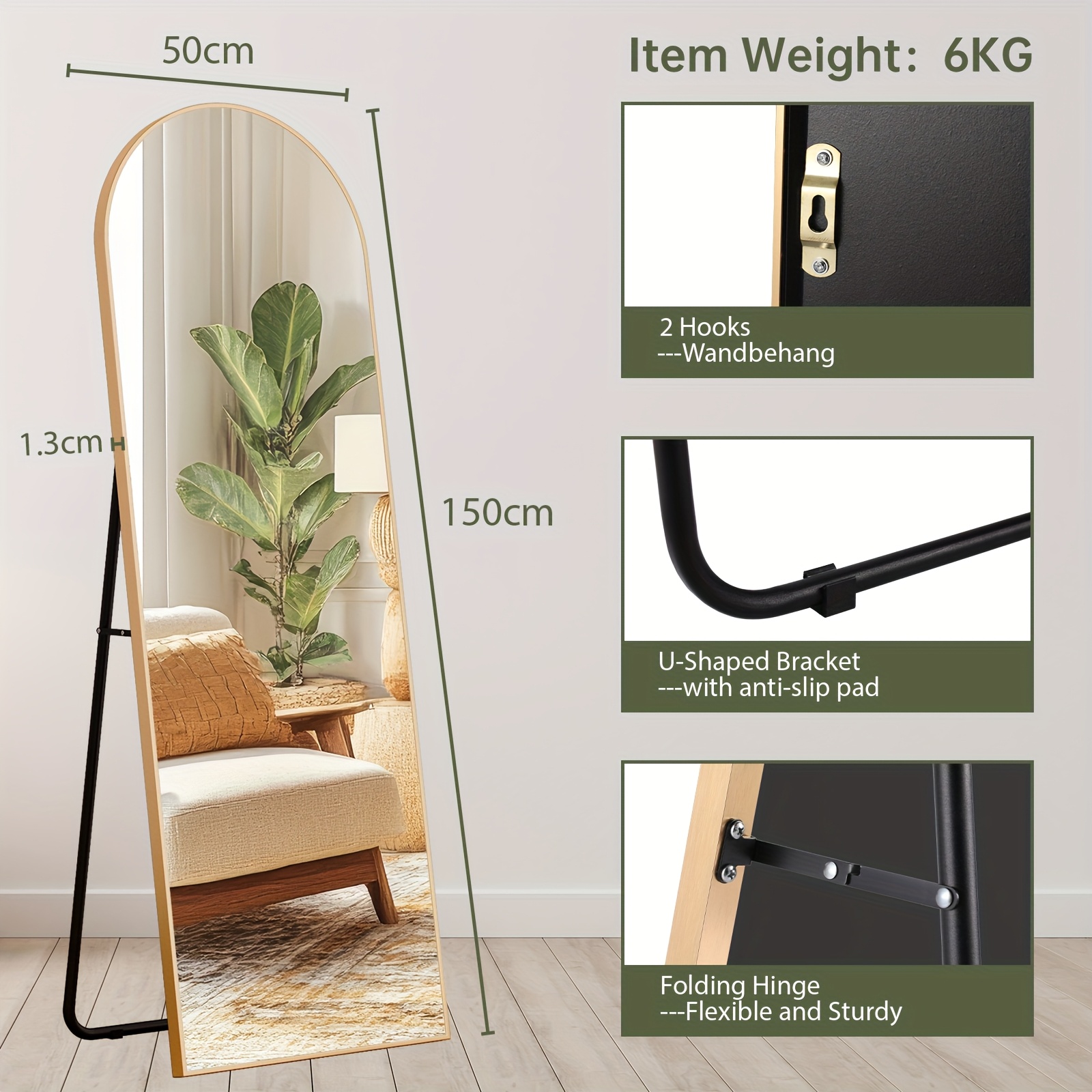 TEMU Arched Full Length Mirror, 162cm X 50cm, Floor Standing Mirror, Unique Vertical Mirror, Metal Frame Mirror, For Living Room, Bedroom, Entrance,