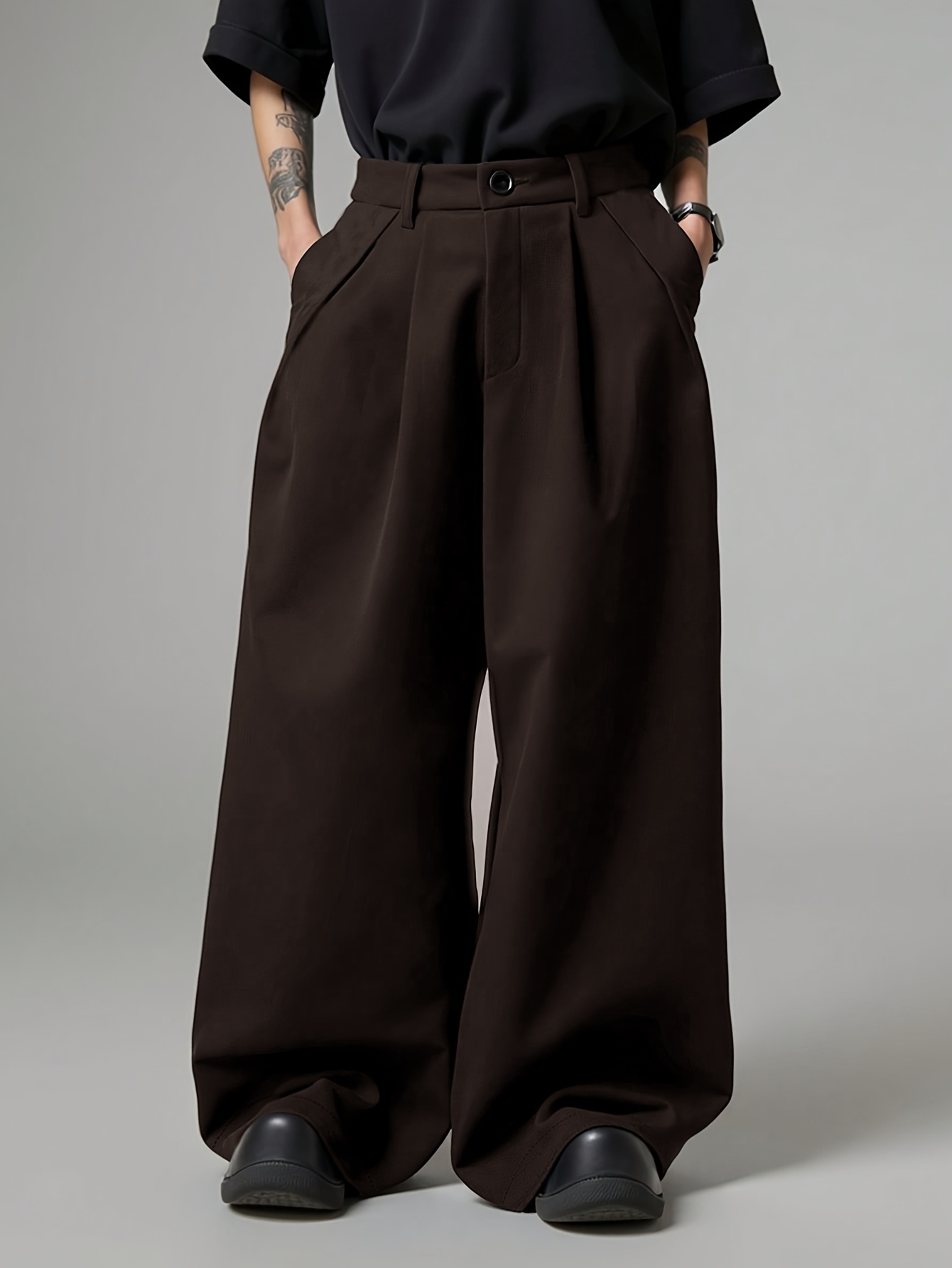 *'s Loose Pleated Trousers with Side Pockets, Casual * Relaxed Fit *-*  Non-stretch Fabric, Suitable for Daily Commuting and Casual * * and Summer