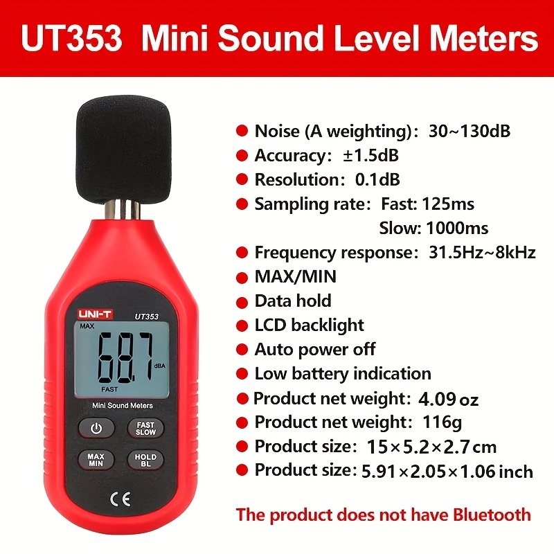 Medidor de nivel de sonido digital profesional UNI-T UT353, rango de 30-130 dB, precisión de 0.01 dB, pantalla LCD con retroiluminación, función de retención de máximo/mínimo, diseño compacto para pruebas de calidad de audio, monitoreo ambiental, uso en oficina, hogar, biblioteca, medidor de ruido para casa y oficina, instrumento moderno, plástico duradero