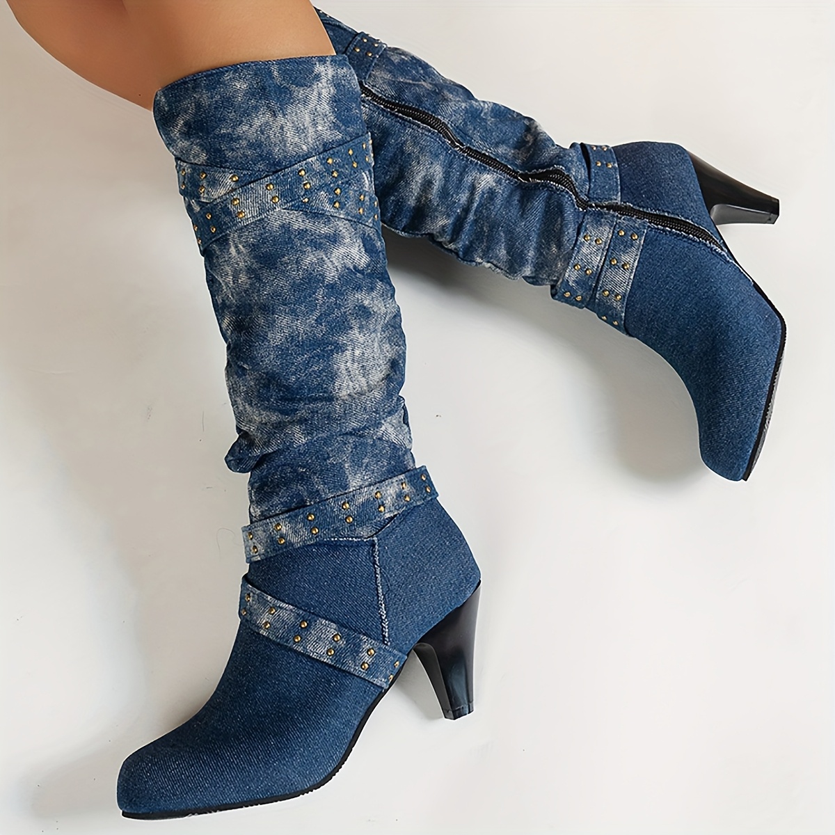 

Women' Knee-high Boots, Stylish Denim Design With Rivets And Zipper Closure