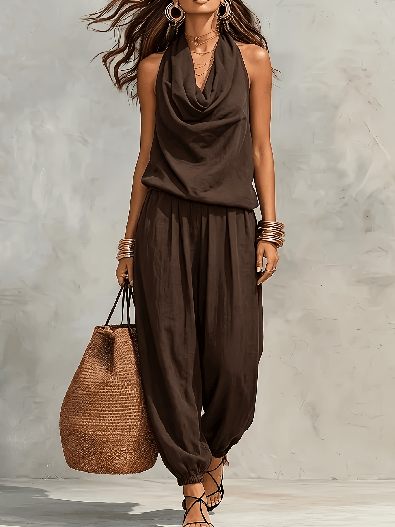   damen   leinen textur neckholder puffärmel   hosen set, lockerer ärmelloser atmungsaktiver hautfreundlicher z iler, pendler casual  -stil mit kordelzugbund und bauchkontrolle