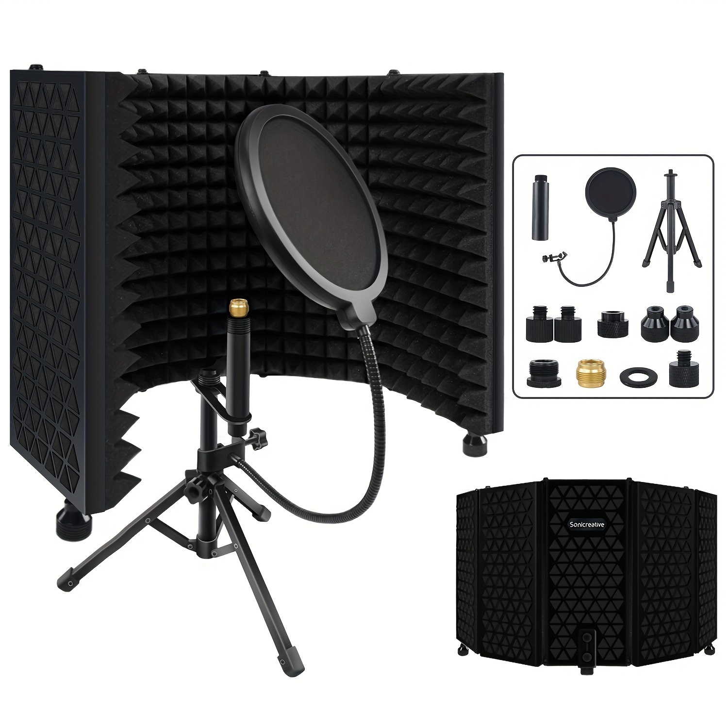 

Blue/black Studio Recording Microphone Isolation Shield With Pop Filter, Foldable Sound Proof Mic Isolation Shield For Boom Arm, High Density Sound Absorbing Foam Mic Stand For Blue