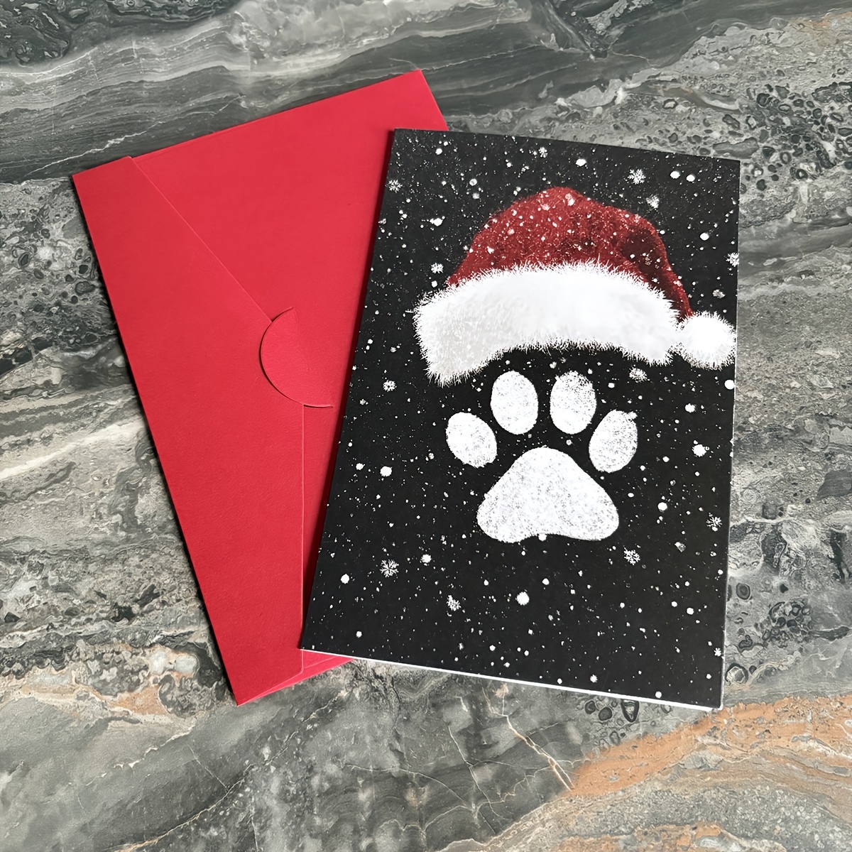 TEMU 1 Set Of Christmas Hat And Snowflake Paw Print Greeting Card, Including 1 Card And 1 Envelope. Christmas Print Santa Hat Greeting Card With Red