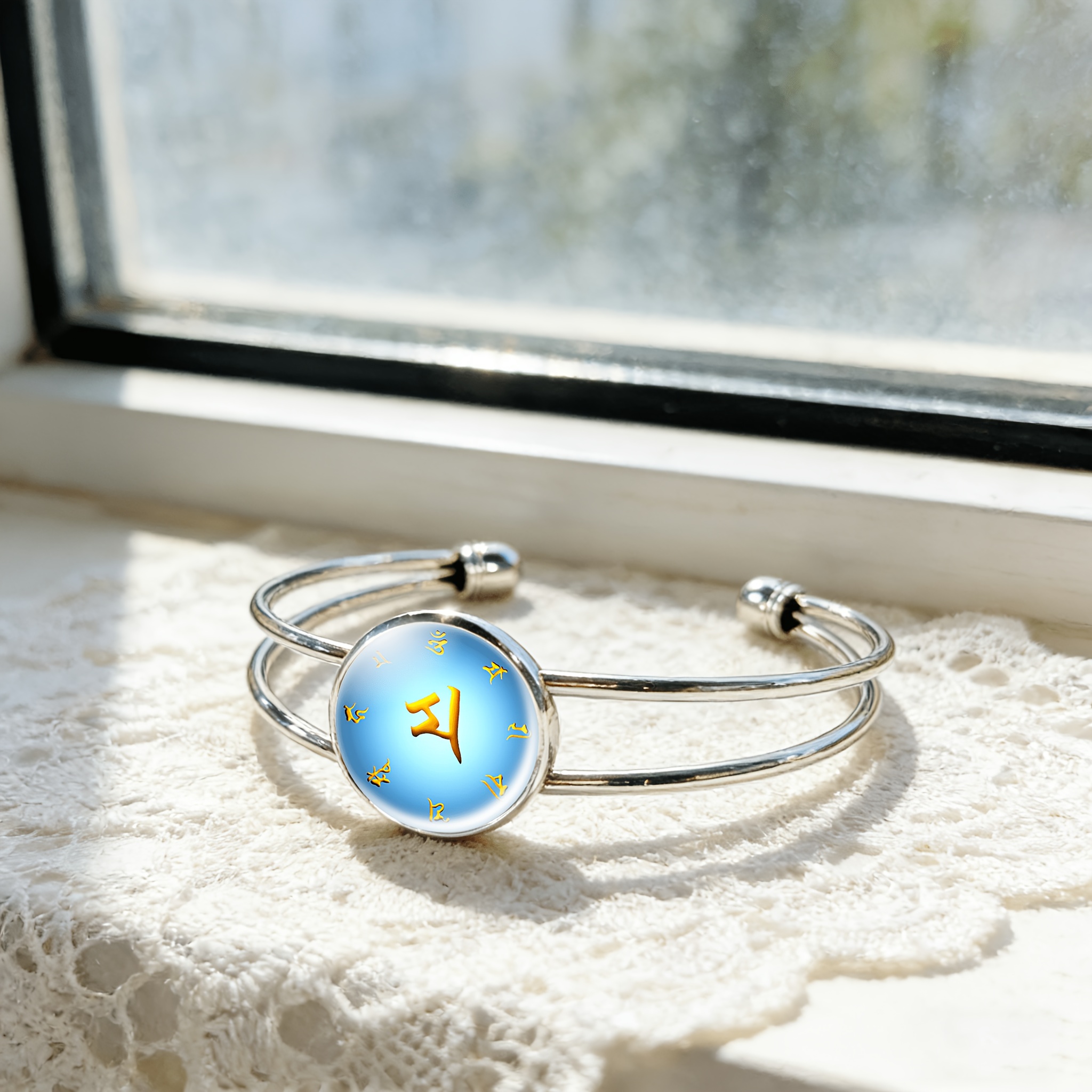 Women's Adjustable Open Bangle, Blue Sphere Design