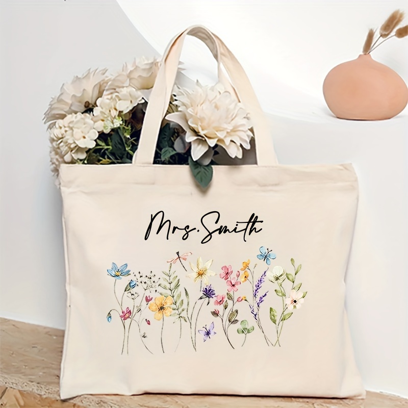 

1 Pc Personalized Teacher Tote Bag With Custom Name And Flower Pattern, Polyester Fiber Canvas Shoulder Bag, Foldable And Fade Resistant, Reusable Shopping Bag, Teacher Appreciation Gift