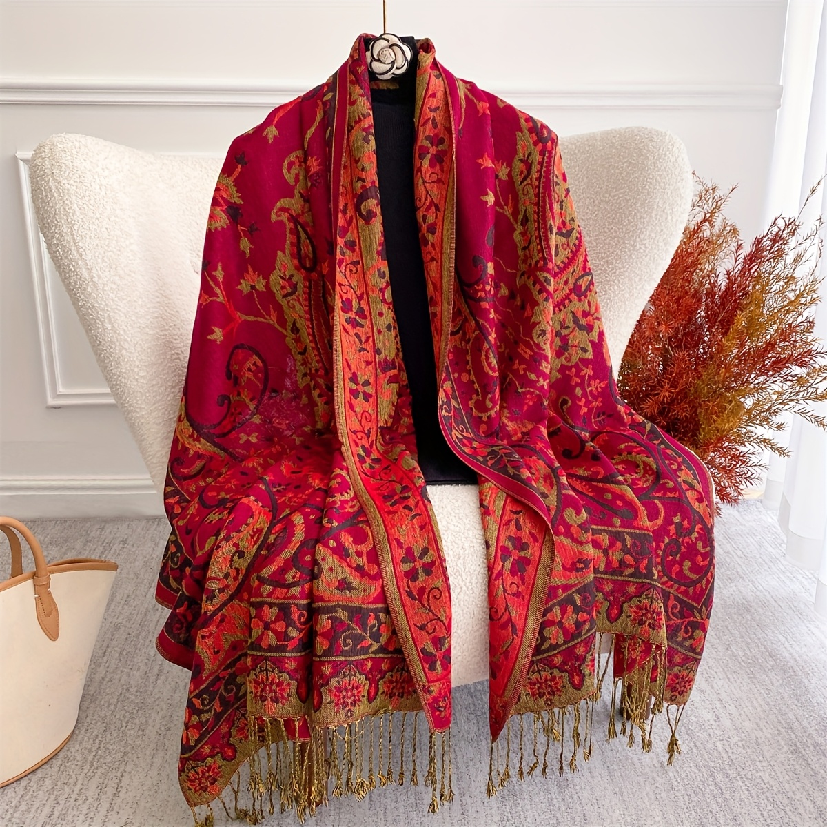E-shop 1 Stück Vintage Bohemian Ethno-Blumen-Paisley-Druck Großer Schal mit Fransen, Schicker Stil, Ideal für Winteroutfits