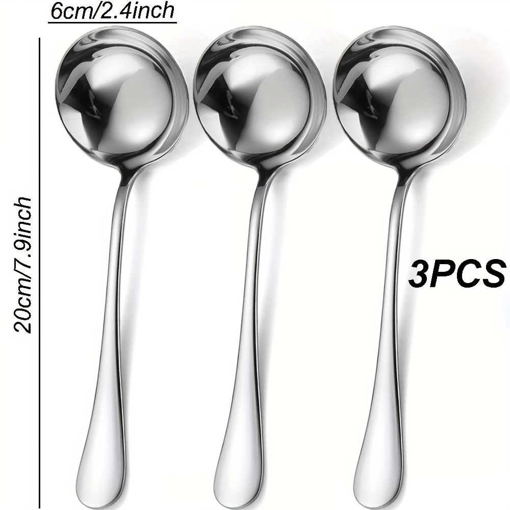 Image of 3pcs High-quality Stainless Steel Thickened Spoons, Noodles Spoons, Deep Soup Spoons, Cooking Spoons, Suitable For Noodles/hot Pot/stirring, Etc. (7.9in)