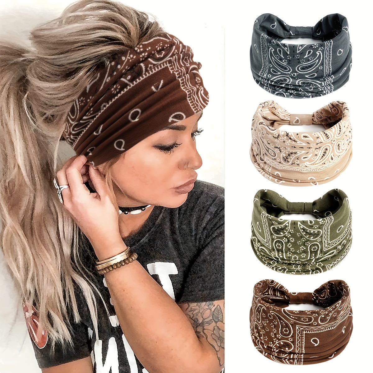 Image of 4 Elegant Bohemian Bohemian Headbands, Knitted Polyester Stretch, Comfortable And Durable, Perfect For Women's Everyday Accessories