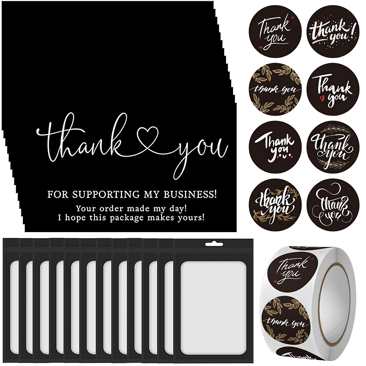 

570pcs Thank You Business Cards Stickers Kit, 50pcs Thank You Business Card 500pcs Thank You Stickers 20pcs Resealable Packaging Bags, Suitable For