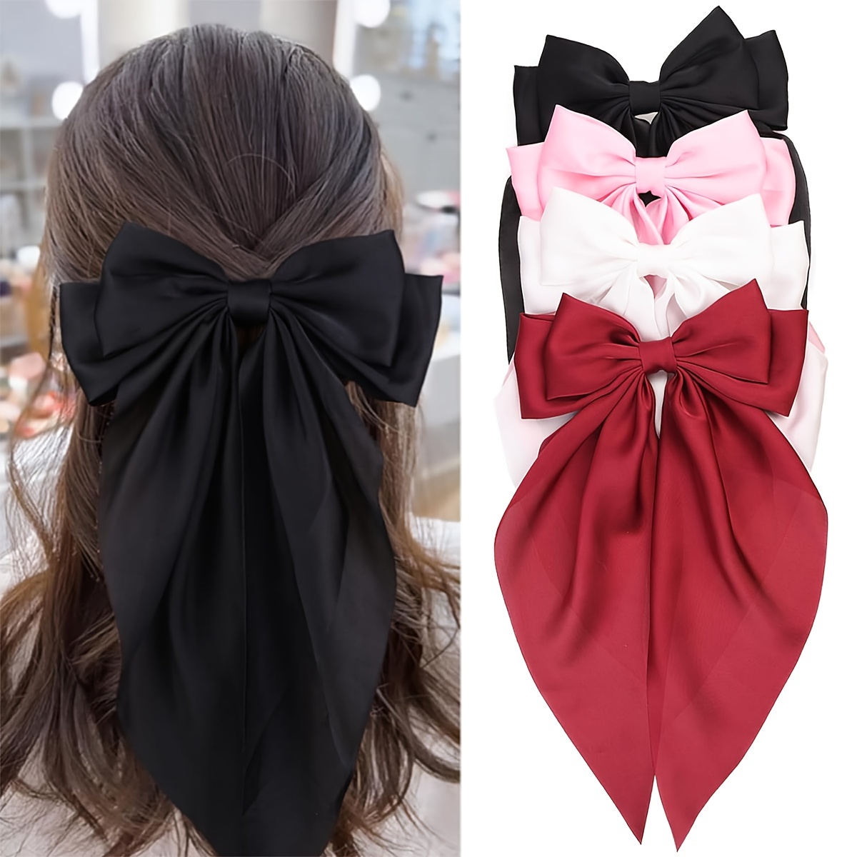 

Elegant 4-piece Satin Bow Hair Clips Set - Large, Cute Butterfly Barrettes In Black, White, Pink, Burgundy For Women And Girls