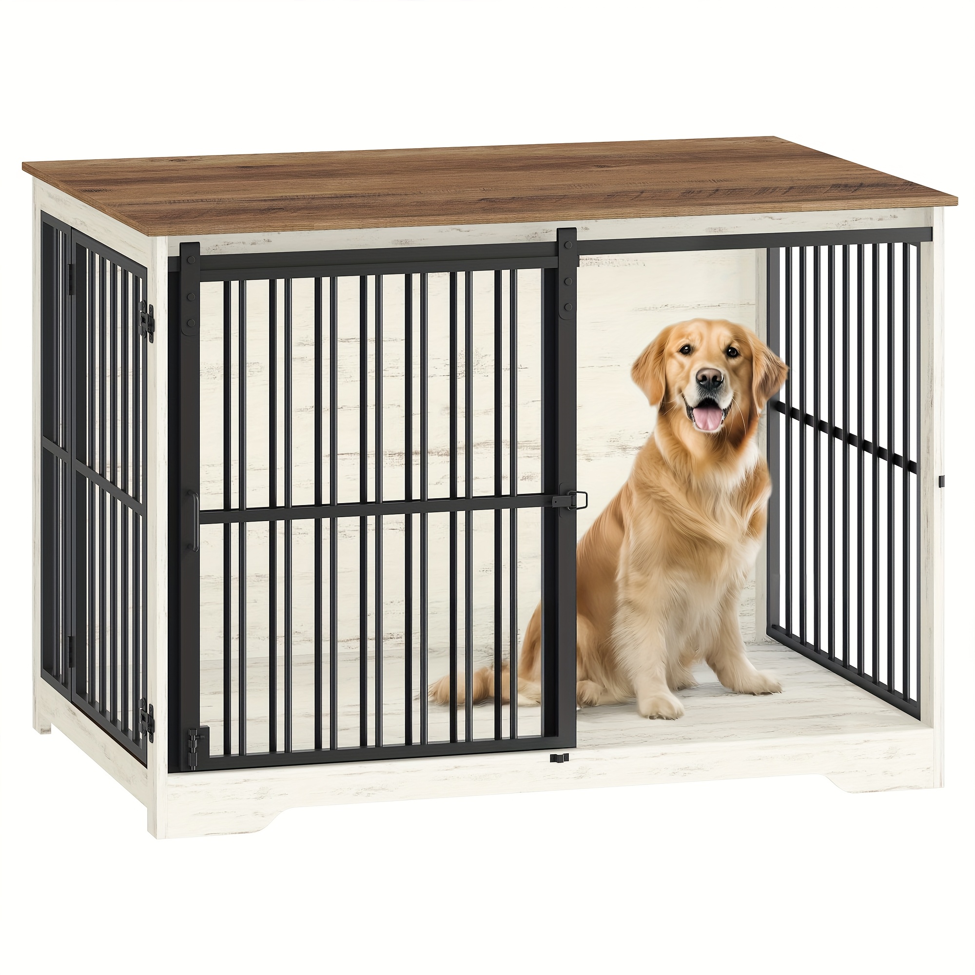Dog Cage Furniture, 110cm Dog Crate, Double Door Modern Indoor Kennel For /medium Large Breeds, Side Table With Reinforced Sliding Doors 110 × 65× 81cm