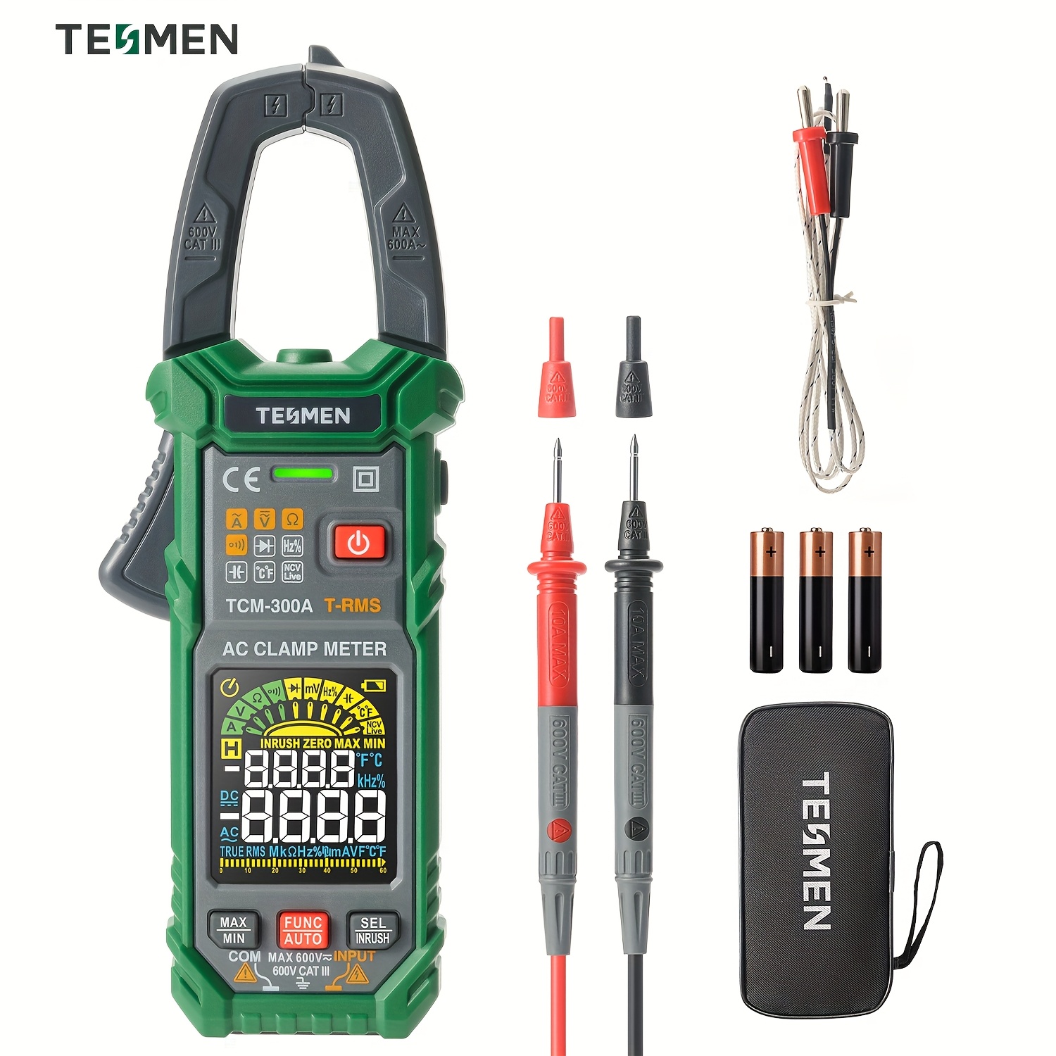 TEMU Tesmen Digital Clamp Meter 6000 T-rms Multimeter Auto-ranging Voltmeter Ampmeter With Ac Current & Voltage Ncv/ Resistance Diode Temperature Continuity, 3 Aaa Batteries Are Included, Tcm-300a