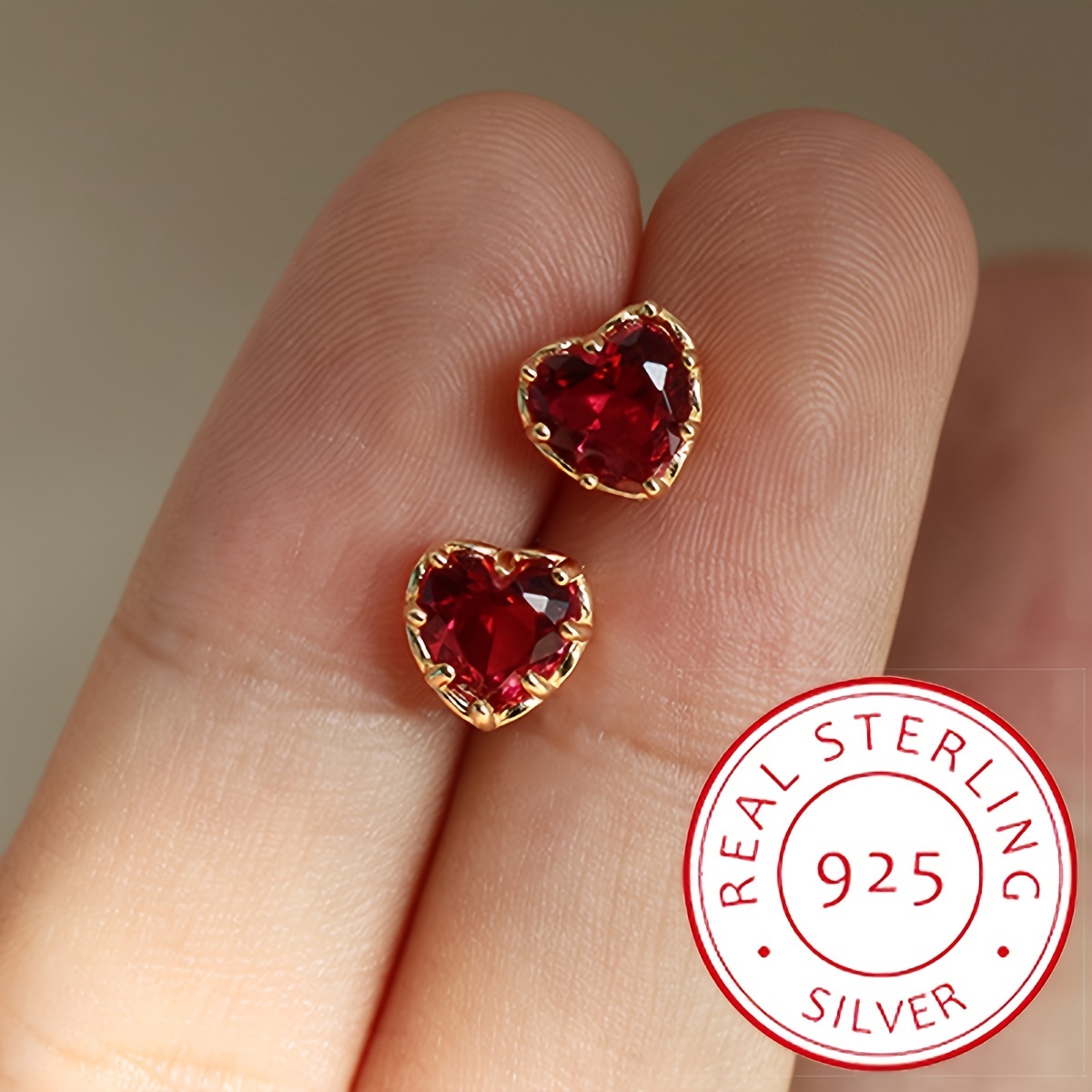 

2 Sets Of S925 Silvery Stud Earrings With Heart-shaped Red Synthetic Zirconia, Women's Jewelry Accessories For And Party Wear