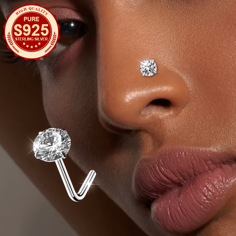 Image of 1pc, S925 Silver, Women' Synthetic Zirconia Round Nose Stud, Minimalist Style, Elegant, Suitable For Wearing On Occasions, Modifies Nose Shape, Shiny Synthetic Zirconia, Hypoallergenic