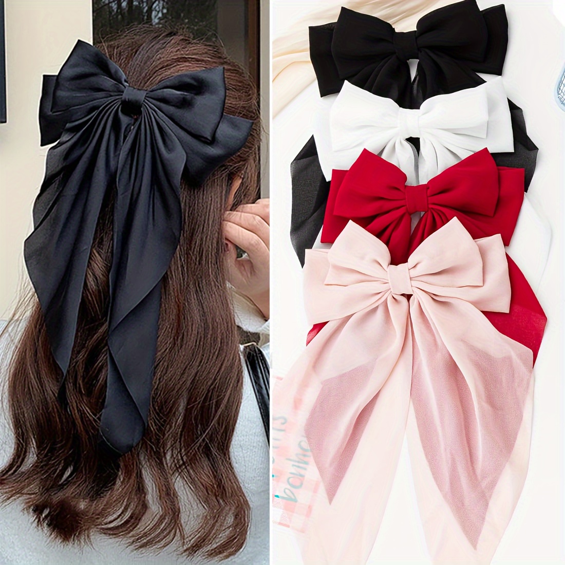 

4pcs Elegant Solid Color Ribbon Bowknot Shaped Hair Clips Trendy Hair Decoration For Women And Daily Use