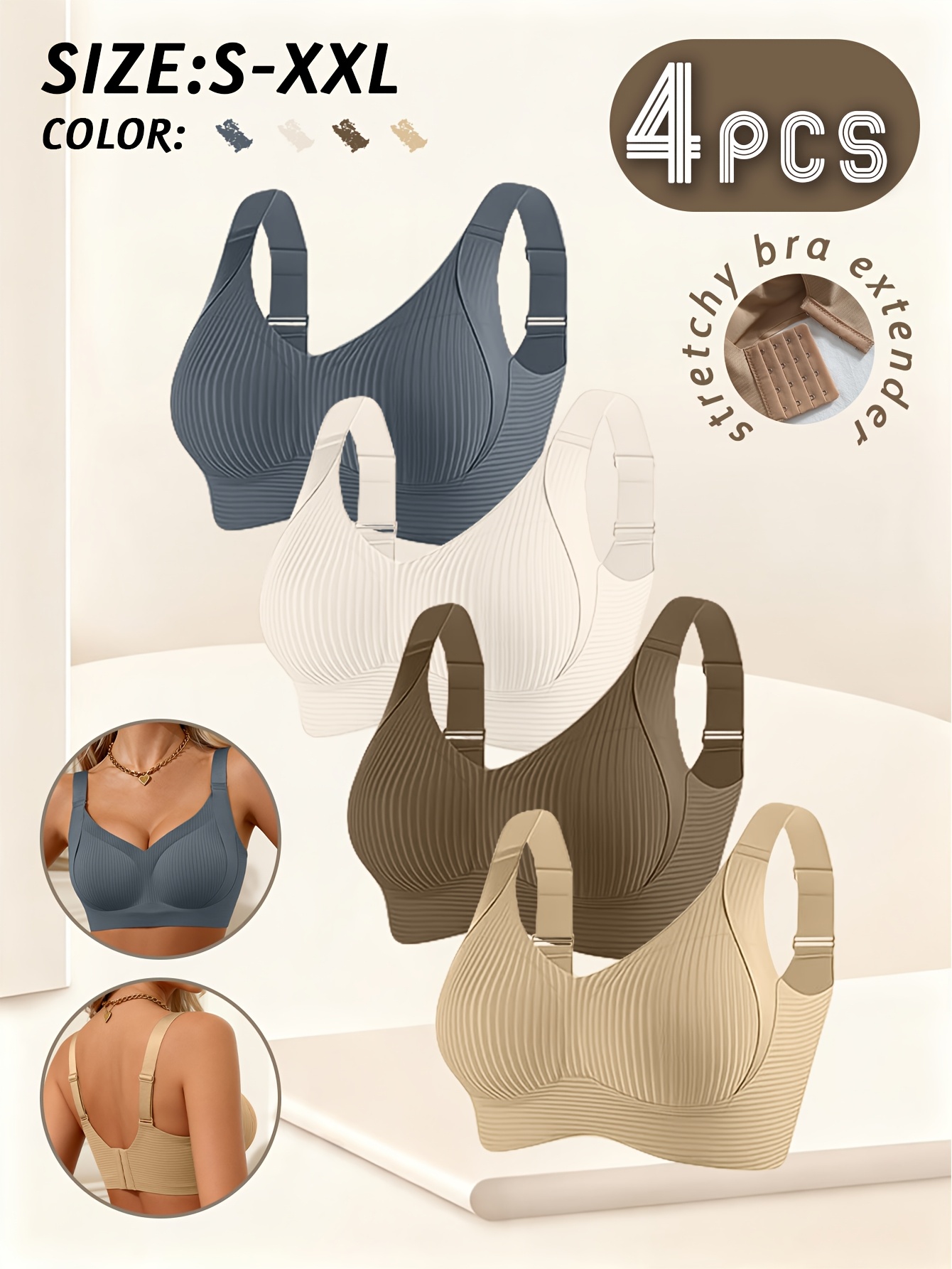 Women's 4pc Wire-Free Bralette Set, Full-Coverage Push-Up