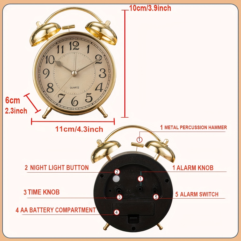 5.9-Inch Metal Retro Luxury Style Bedroom Alarm Clock, Silent Running Time, Mechanical Double Bell Design, Equipped with a Night Light, Can Be Placed in The Living Room, Office Or Dormitory to Add Some Color to The Space, (Batteries Not Included)