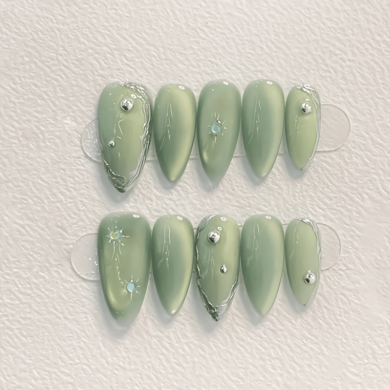 TEMU 10pcs Handmade Solid Color Nail Stickers, Almond-shaped Long Nails, Mint Green Nails, Minimalist Fashionable Style, Mint Green Cat Eye Glitter